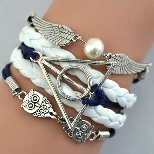 Vintage Owl Wings Triangle Pearl Pulsera De Cuero Trenzado Multicapa