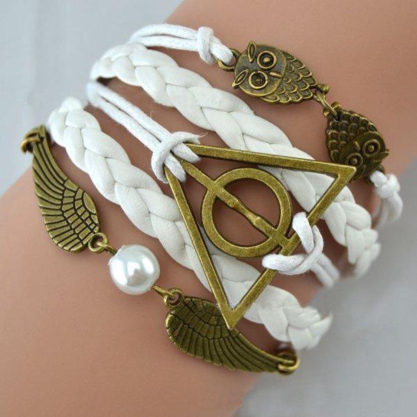 Vintage Owl Wings Triangle Pearl Pulsera De Cuero Trenzado Multicapa