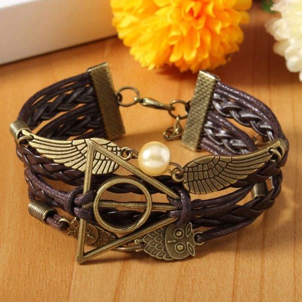 Vintage Owl Wings Triangle Pearl Pulsera De Cuero Trenzado Multicapa