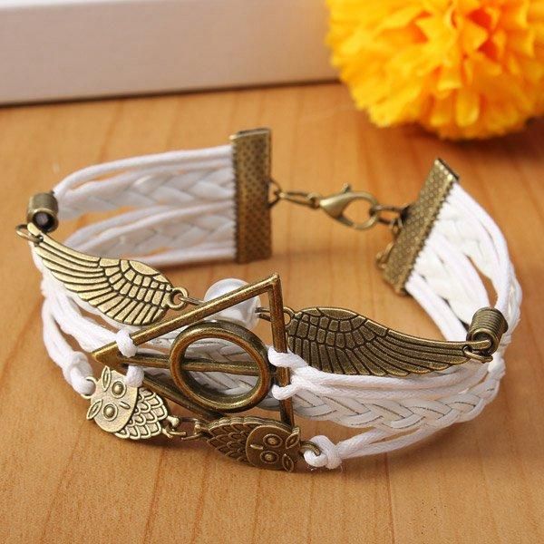 Vintage Owl Wings Triangle Pearl Pulsera De Cuero Trenzado Multicapa