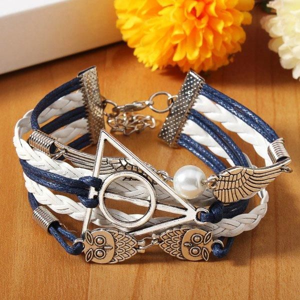 Vintage Owl Wings Triangle Pearl Pulsera De Cuero Trenzado Multicapa