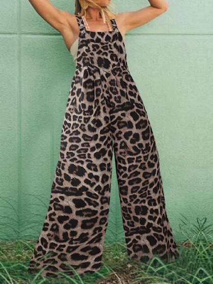 Botones Con Estampado Animal De Leopardo Correas Ajustables Pierna Ancha Monos Casuales