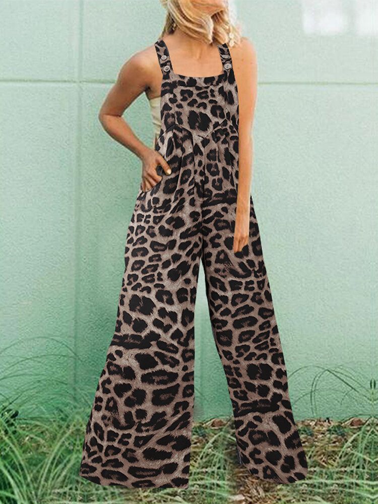 Botones Con Estampado Animal De Leopardo Correas Ajustables Pierna Ancha Monos Casuales