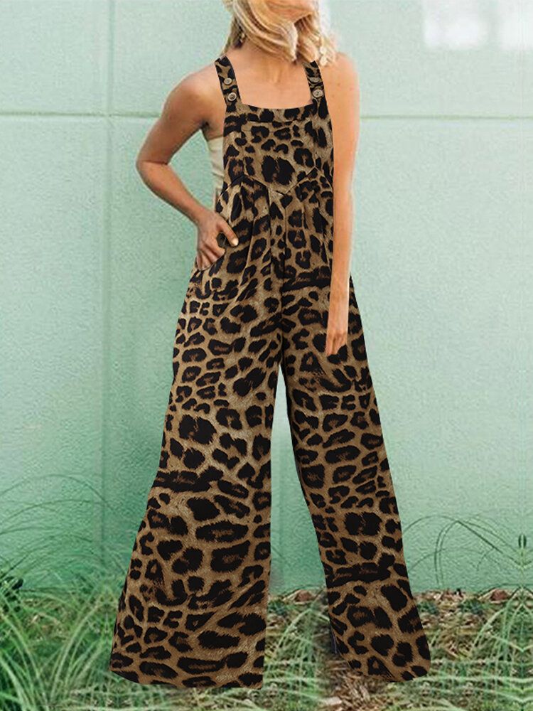 Botones Con Estampado Animal De Leopardo Correas Ajustables Pierna Ancha Monos Casuales