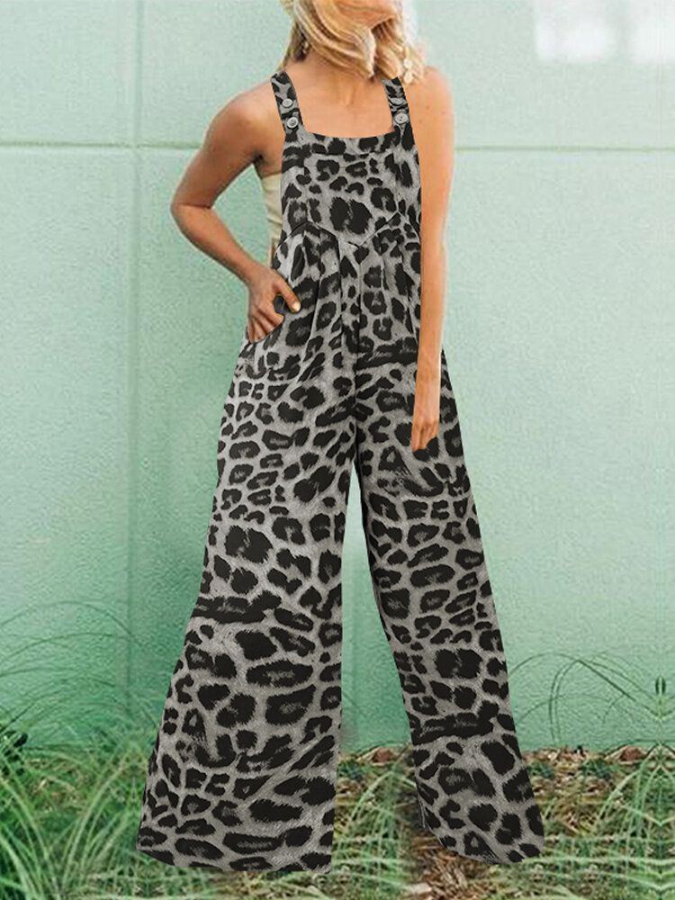 Botones Con Estampado Animal De Leopardo Correas Ajustables Pierna Ancha Monos Casuales