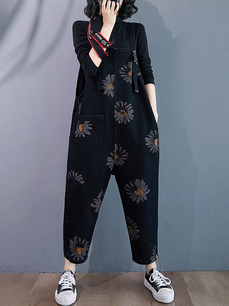 Daisy Floral Print Demin Pockets Causal Harem Jumpsuit Para Mujer