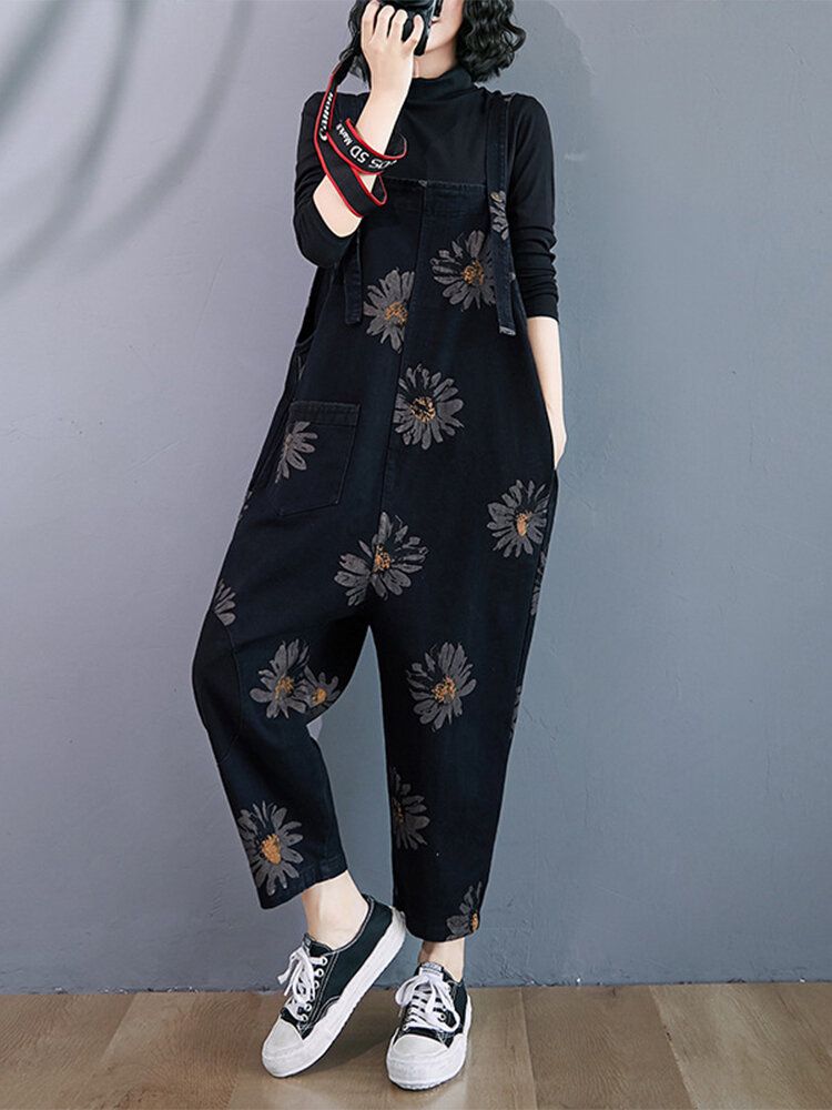 Daisy Floral Print Demin Pockets Causal Harem Jumpsuit Para Mujer