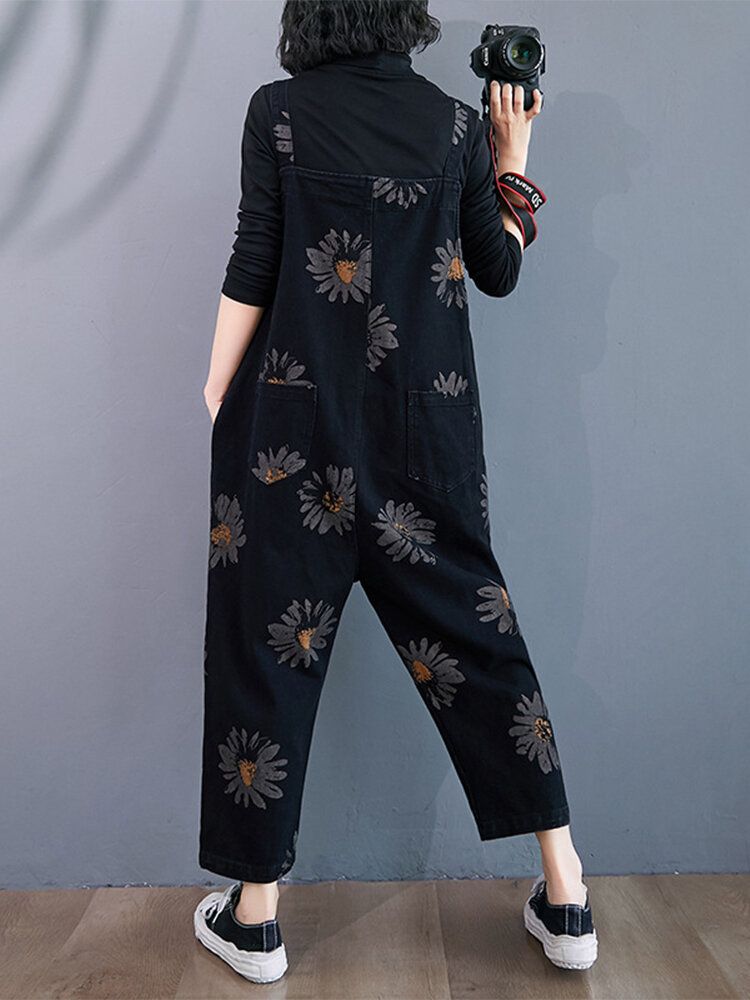 Daisy Floral Print Demin Pockets Causal Harem Jumpsuit Para Mujer