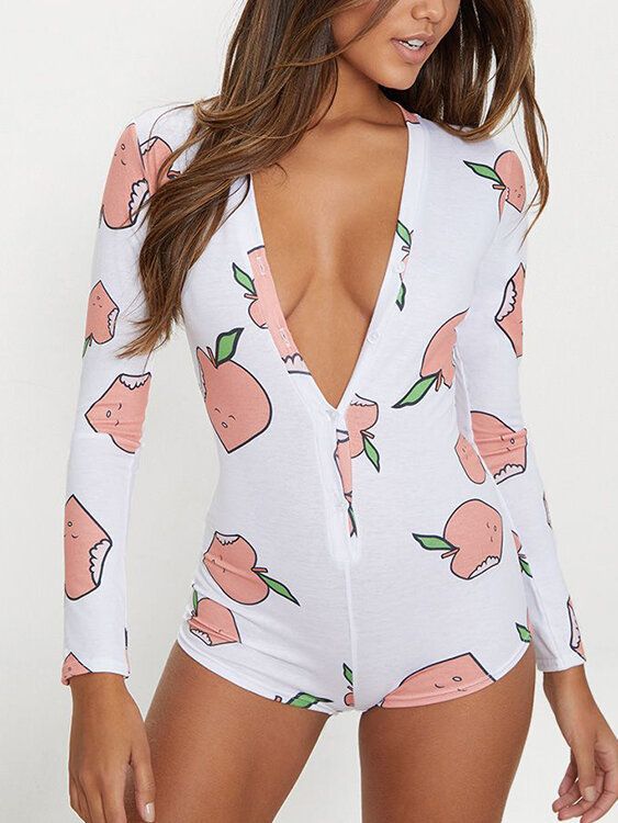 Fruta Vegetal Estampado Botón Frontal Cuello En V Mangas Largas Monos Casuales