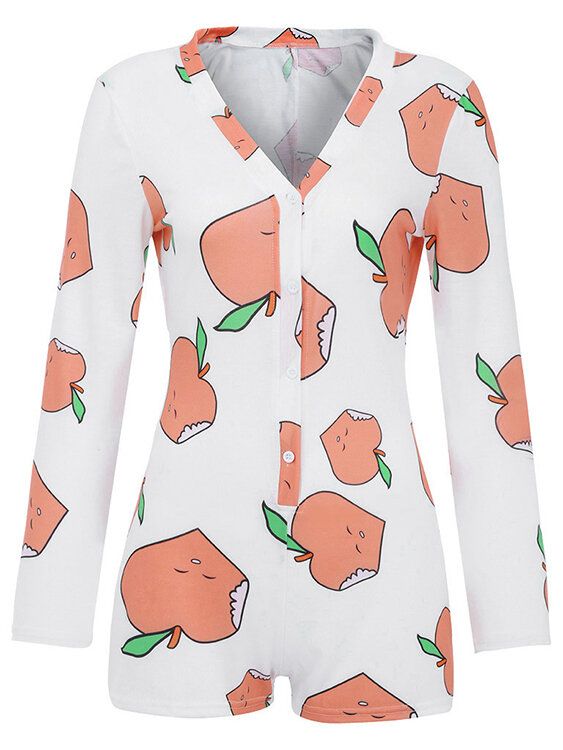 Fruta Vegetal Estampado Botón Frontal Cuello En V Mangas Largas Monos Casuales