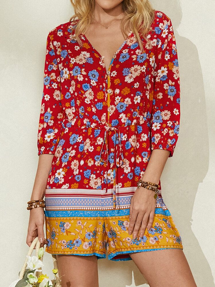 Mameluco Informal De Manga 3/4 Con Cuello En V Y Estampado Floral Vintage Para Mujer