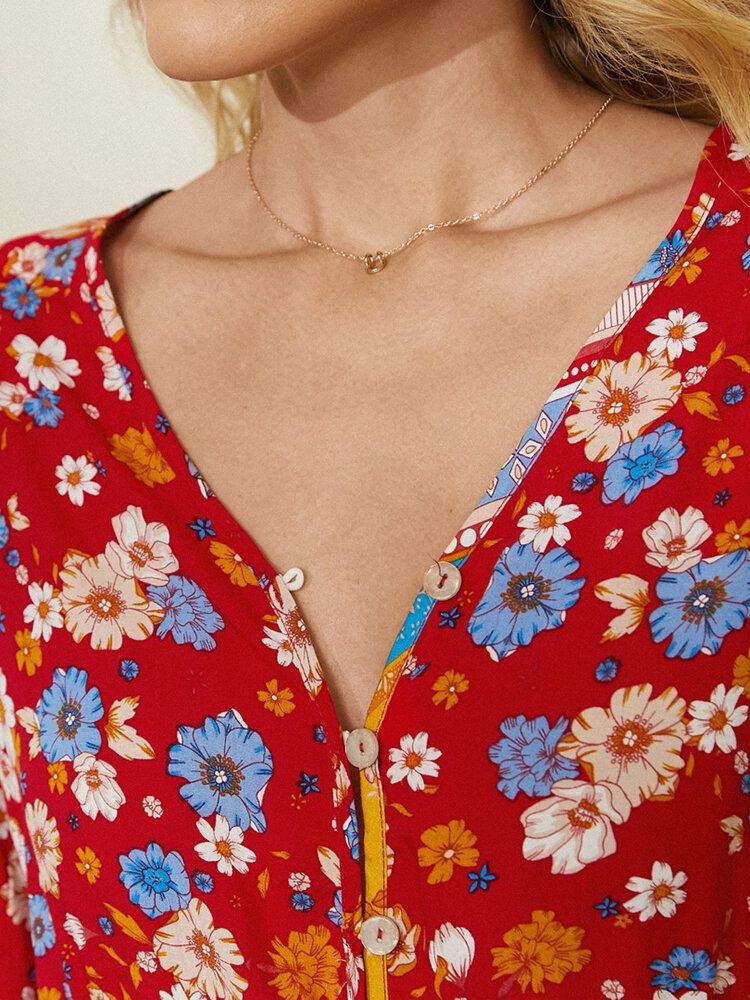 Mameluco Informal De Manga 3/4 Con Cuello En V Y Estampado Floral Vintage Para Mujer