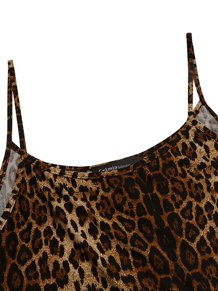 Mono Holgado Sin Mangas Con Estampado De Leopardo Informal Y Bolsillos