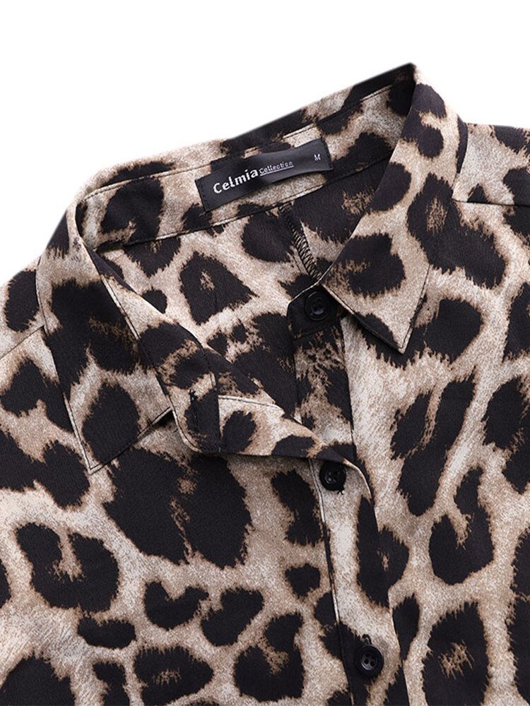 Mono De Manga Corta Con Estampado De Leopardo Y Bolsillo Suelto Informal Para Mujer