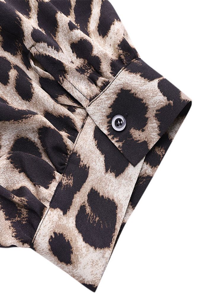 Mono De Manga Corta Con Estampado De Leopardo Y Bolsillo Suelto Informal Para Mujer