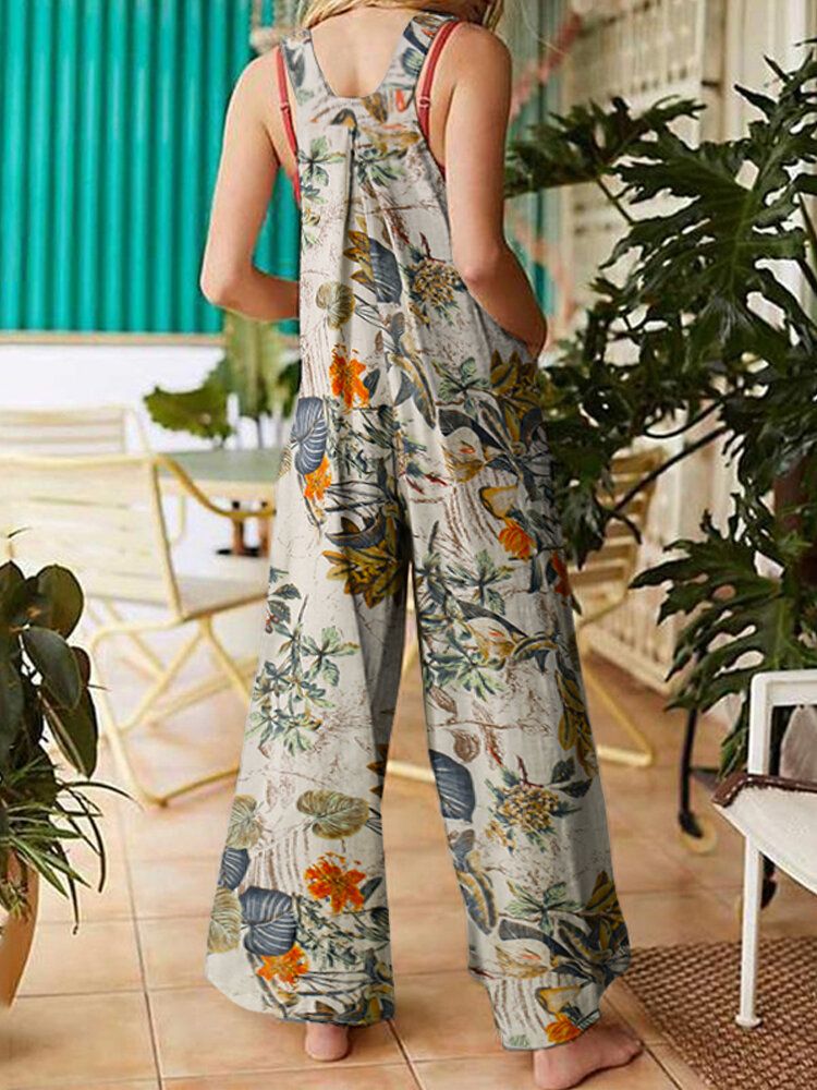 Mono De Pierna Ancha Informal De Algodón Con Estampado Floral Para Mujer