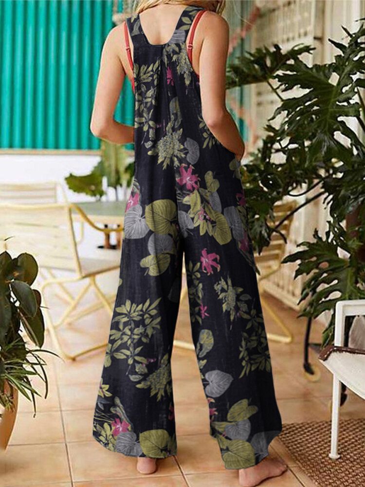 Mono De Pierna Ancha Informal De Algodón Con Estampado Floral Para Mujer