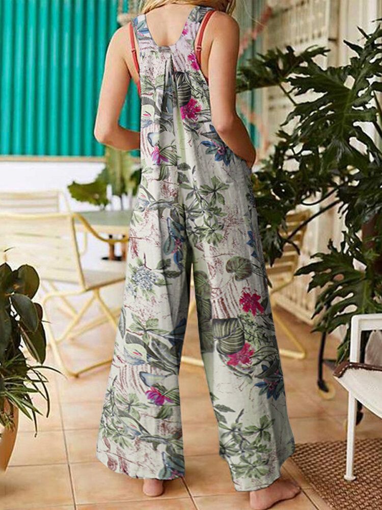 Mono De Pierna Ancha Informal De Algodón Con Estampado Floral Para Mujer