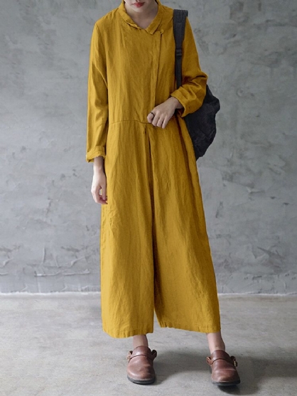 Mono Suelto Con Botones De Algodón De Color Sólido Amarillo Mostaza Para Mujer Con Bolsillos Laterales