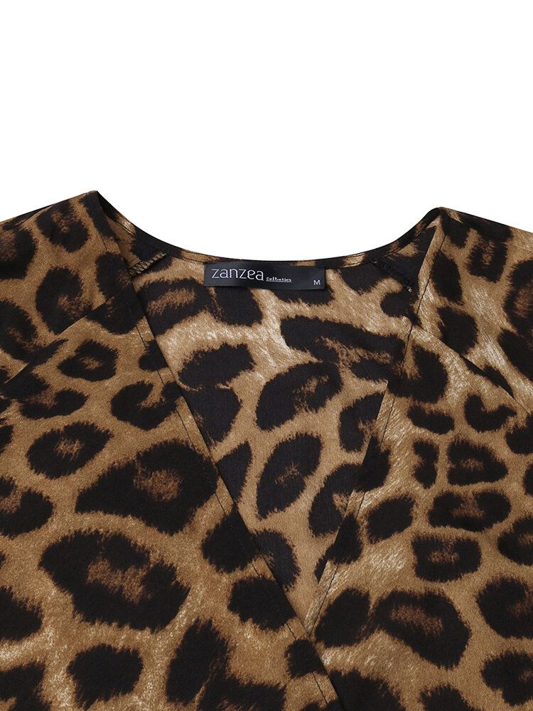 Monos De Bolsillo Con Estampado De Leopardo Sueltos Causales Con Cuello En V De Manga Corta Para Mujer