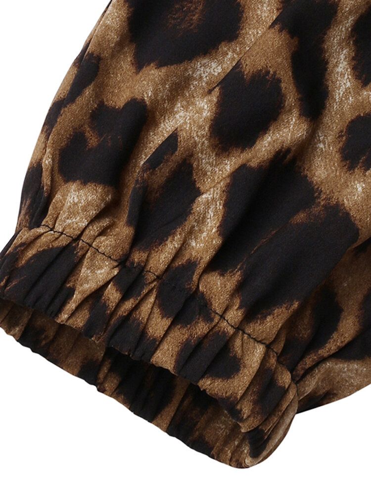 Monos De Bolsillo Con Estampado De Leopardo Sueltos Causales Con Cuello En V De Manga Corta Para Mujer