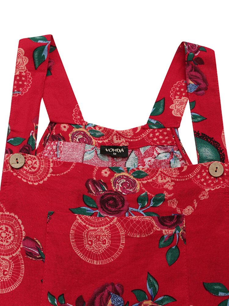 Monos De Tirantes Sin Espalda De Algodón Con Estampado Floral Vintage Para Mujer Con Bolsillo