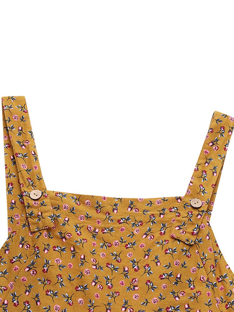 Monos Vintage Sin Mangas De Pierna Ancha Con Botones Laterales Y Estampado Floral De Algodón Para Mujer Con Bolsillo