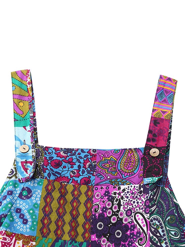 Mujeres Vintage Algodón Estampado Floral Sin Mangas Estilo Étnico Monos Sueltos Con Bolsillo De Pierna Ancha