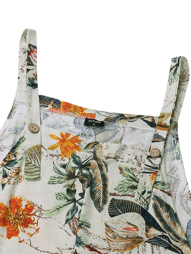 Mujeres Vintage Sin Mangas Botón Floral Bolsillo Lateral Monos Sueltos De Impresión