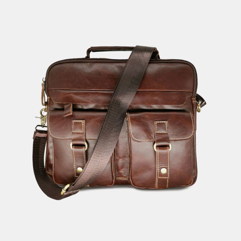 Bolso Multibolsillos De Cuero Genuino Para Hombre Bolso De Negocios Bolso Para Computadora Portátil Bolso De Hombro