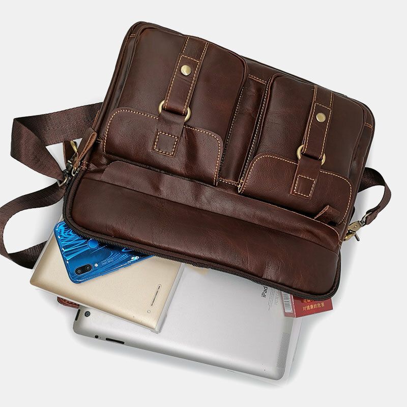 Bolso Multibolsillos De Cuero Genuino Para Hombre Bolso De Negocios Bolso Para Computadora Portátil Bolso De Hombro