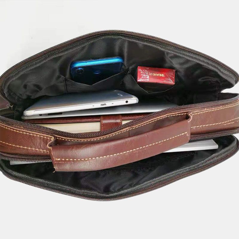 Bolso Multibolsillos De Cuero Genuino Para Hombre Bolso De Negocios Bolso Para Computadora Portátil Bolso De Hombro