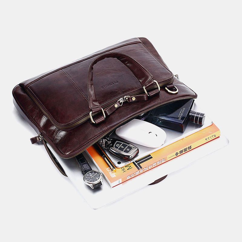 Bolso De Negocios De Gran Capacidad De Cuero Genuino Para Hombres Bolso De Negocios Computermesssenger De 14 Pulgadas