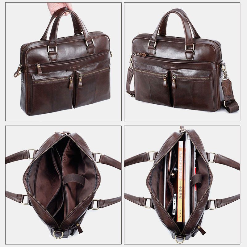 Bolso De Negocios De Múltiples Capas Retro Vintage De Cuero Genuino Para Hombres