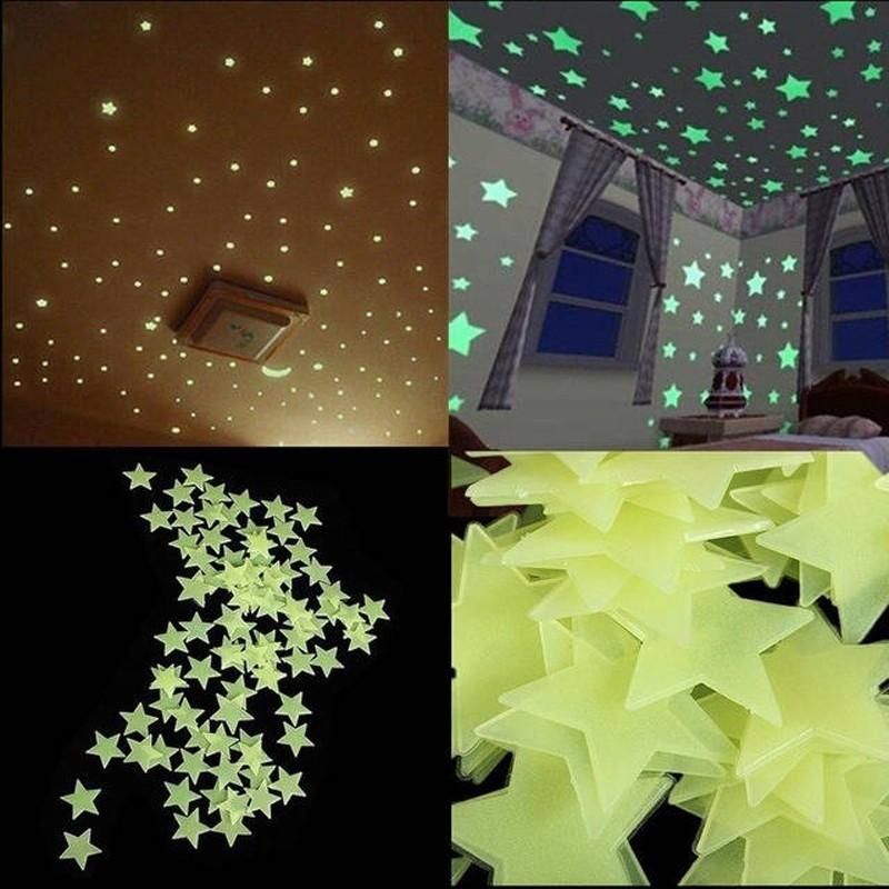 100 Piezas 3d Estrellas Brillan En La Oscuridad Cinta Luminosa Fluorescente Plástico Etiqueta De La Pared Decoración De La Pared