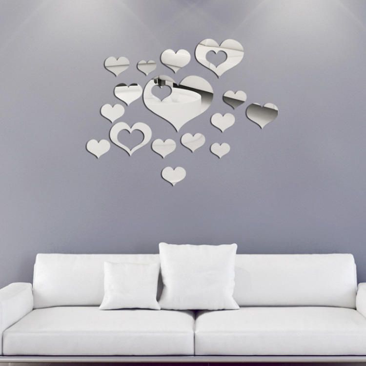 16 Piezas Lindo Plata Diy Corazón Espejo Pegatinas De Pared Hogar Pared Dormitorio Oficina Decoración