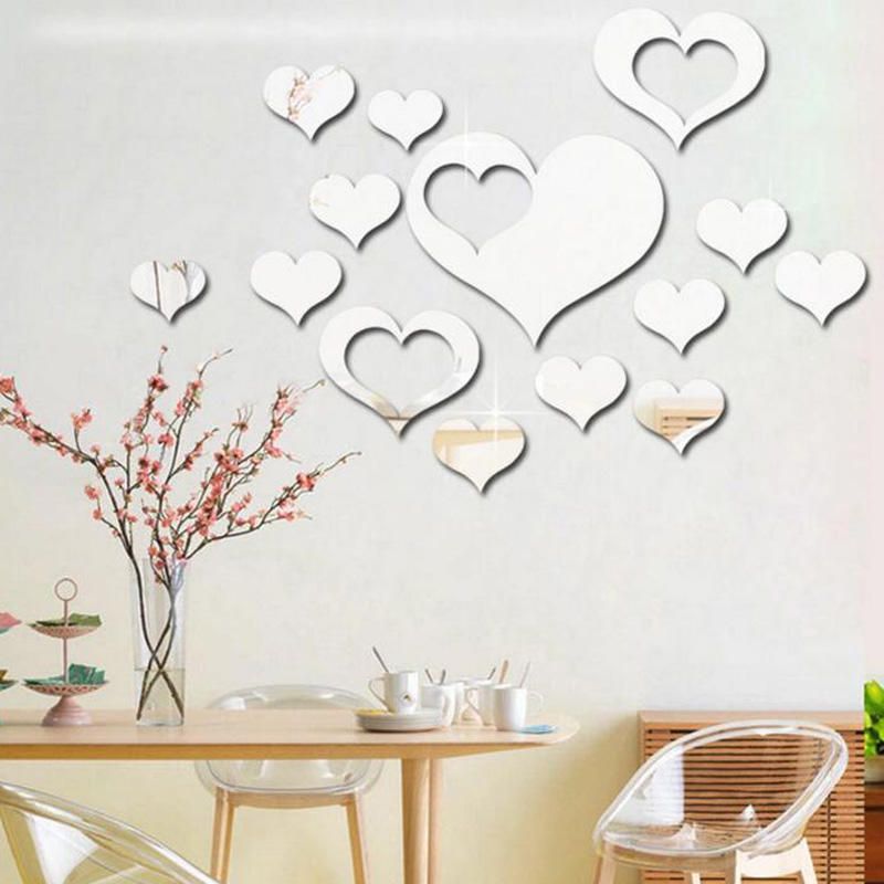 16 Piezas Lindo Plata Diy Corazón Espejo Pegatinas De Pared Hogar Pared Dormitorio Oficina Decoración