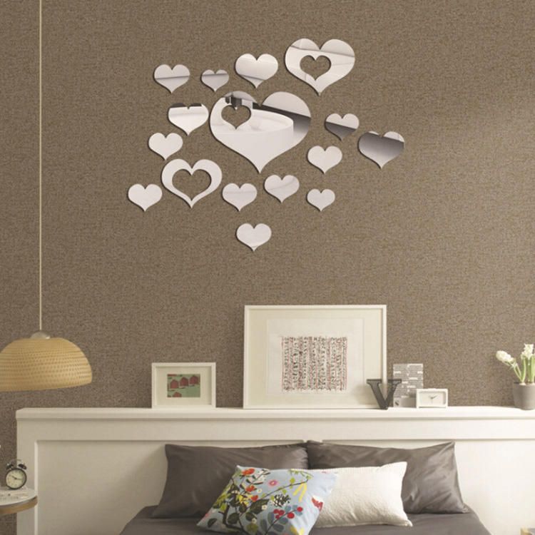 16 Piezas Lindo Plata Diy Corazón Espejo Pegatinas De Pared Hogar Pared Dormitorio Oficina Decoración