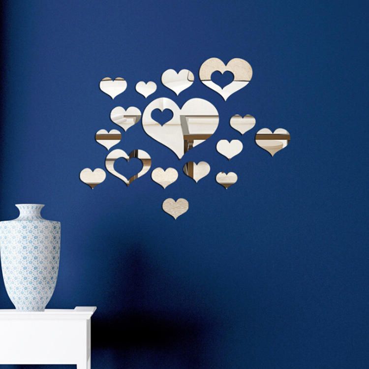 16 Piezas Lindo Plata Diy Corazón Espejo Pegatinas De Pared Hogar Pared Dormitorio Oficina Decoración