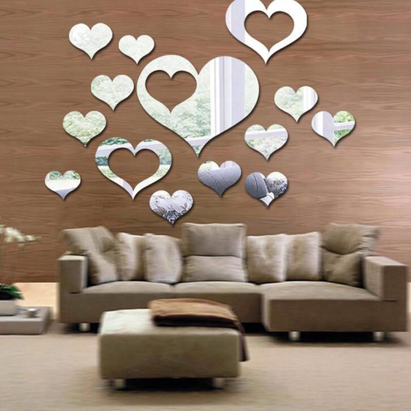 16 Piezas Lindo Plata Diy Corazón Espejo Pegatinas De Pared Hogar Pared Dormitorio Oficina Decoración