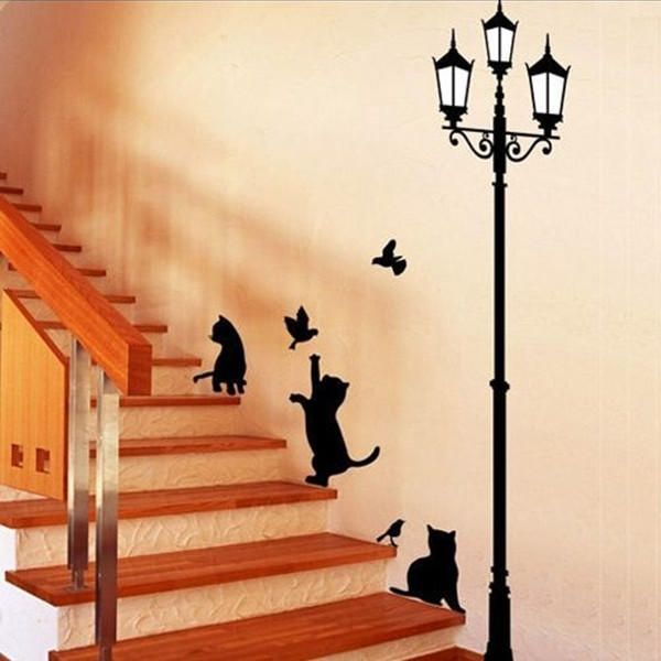 23x40 cm Lámpara Gato Pegatinas De Pared Hogar Escaleras Pegatina Decoración Papel Tapiz Decorativo Extraíble