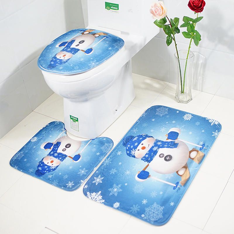 3 Unids Set Feliz Navidad Asiento De Inodoro Fundas Antideslizantes Muñeco De Nieve Juegos De Baño Pedestal Alfombra Tapa Cubierta De Inodoro Alfombra De Baño