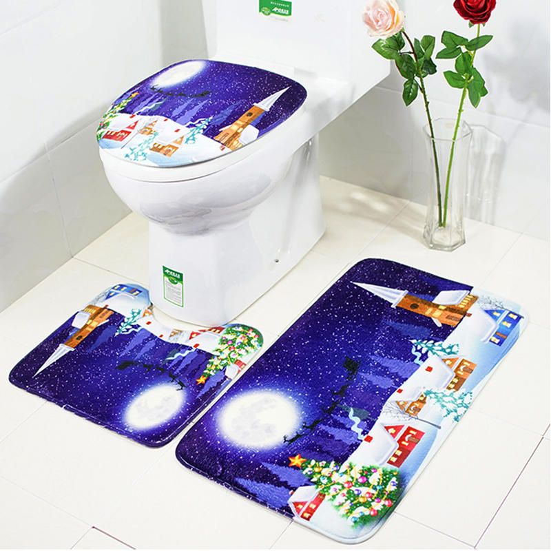 3 Unids Set Feliz Navidad Asiento De Inodoro Fundas Antideslizantes Muñeco De Nieve Juegos De Baño Pedestal Alfombra Tapa Cubierta De Inodoro Alfombra De Baño