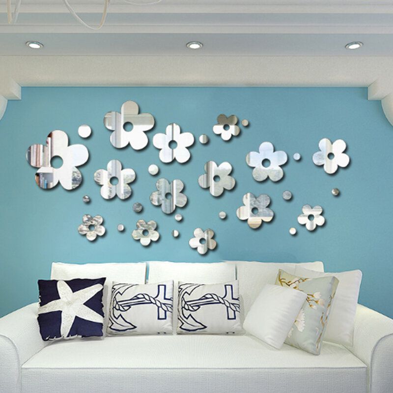 3d Plum Blossom Silver Diy Forma Espejo Pegatinas De Pared Hogar Pared Dormitorio Decoración De Oficina