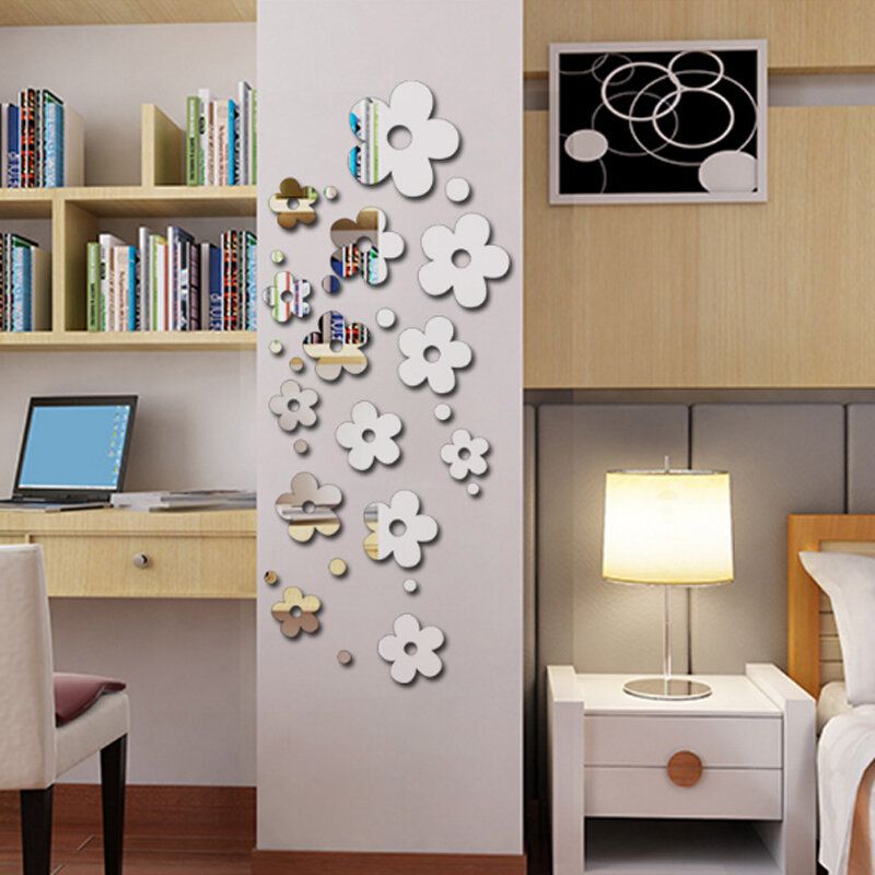 3d Plum Blossom Silver Diy Forma Espejo Pegatinas De Pared Hogar Pared Dormitorio Decoración De Oficina