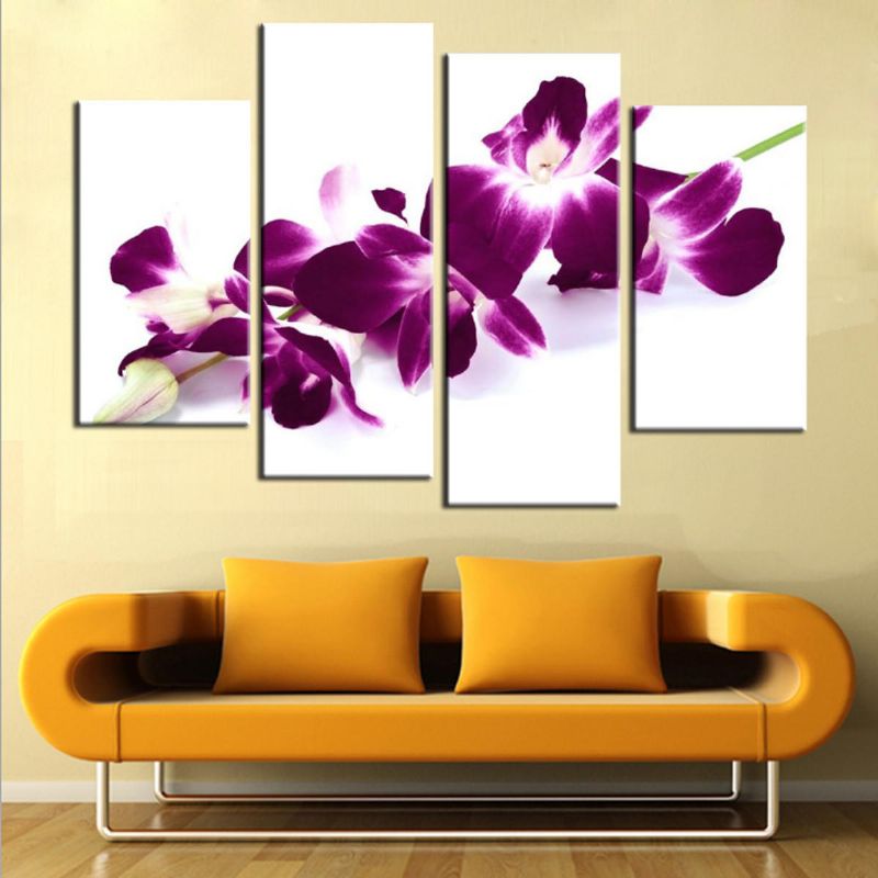 4 Piezas Ciruela Púrpura Orquídeas Lienzo Floral Imagen De Pared Impresión Dividida Pinturas Artísticas Decoración Del Hogar