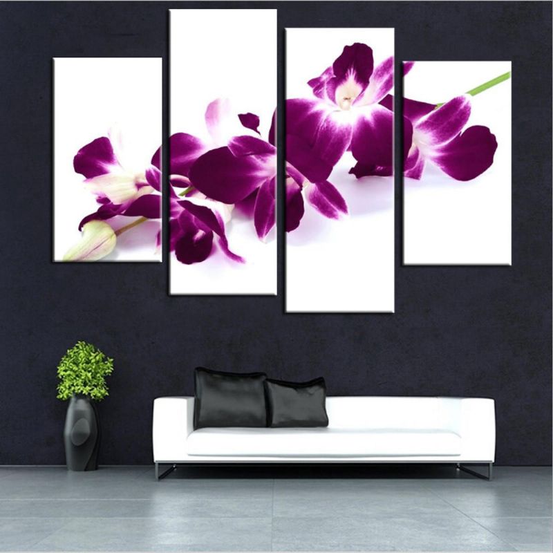 4 Piezas Ciruela Púrpura Orquídeas Lienzo Floral Imagen De Pared Impresión Dividida Pinturas Artísticas Decoración Del Hogar