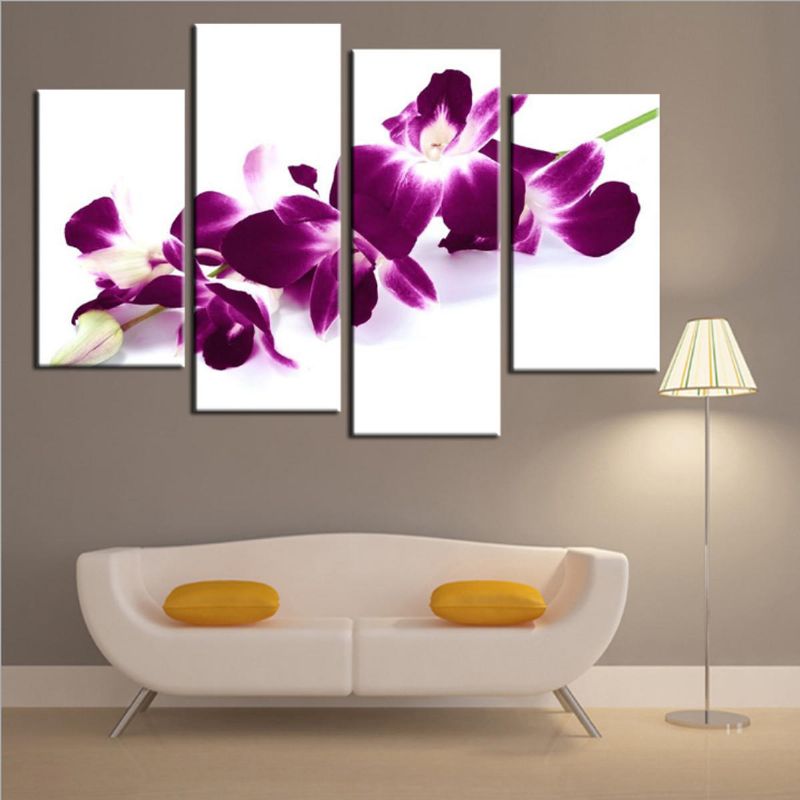 4 Piezas Ciruela Púrpura Orquídeas Lienzo Floral Imagen De Pared Impresión Dividida Pinturas Artísticas Decoración Del Hogar