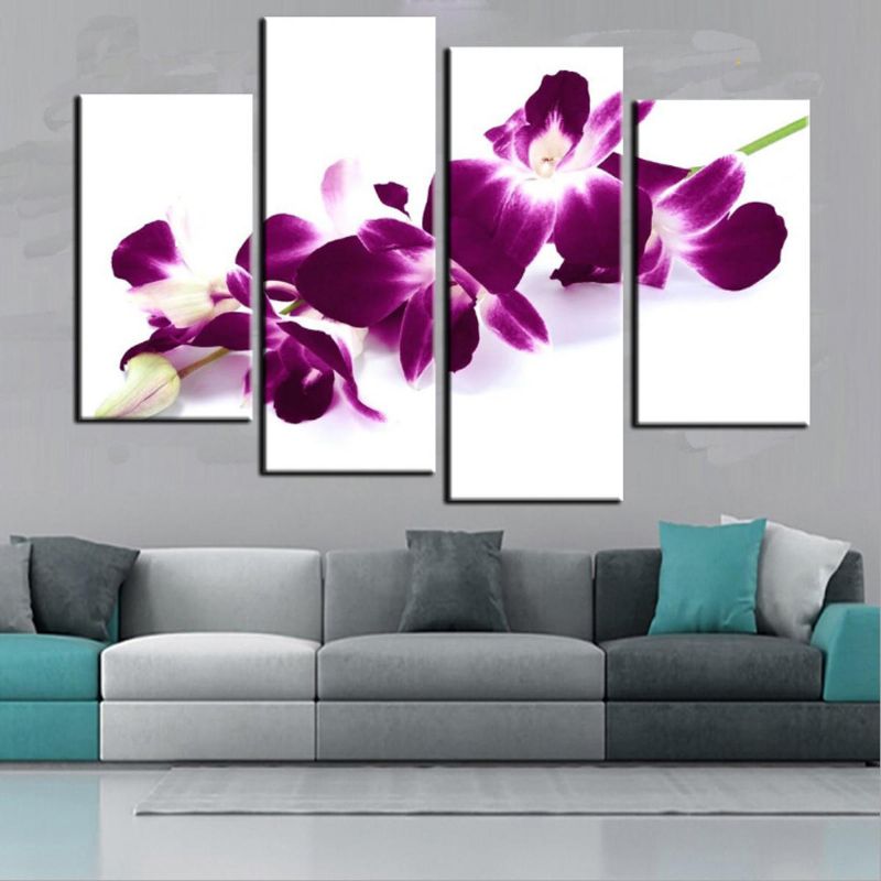 4 Piezas Ciruela Púrpura Orquídeas Lienzo Floral Imagen De Pared Impresión Dividida Pinturas Artísticas Decoración Del Hogar