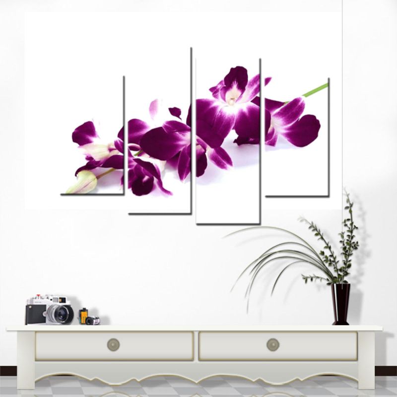 4 Piezas Ciruela Púrpura Orquídeas Lienzo Floral Imagen De Pared Impresión Dividida Pinturas Artísticas Decoración Del Hogar